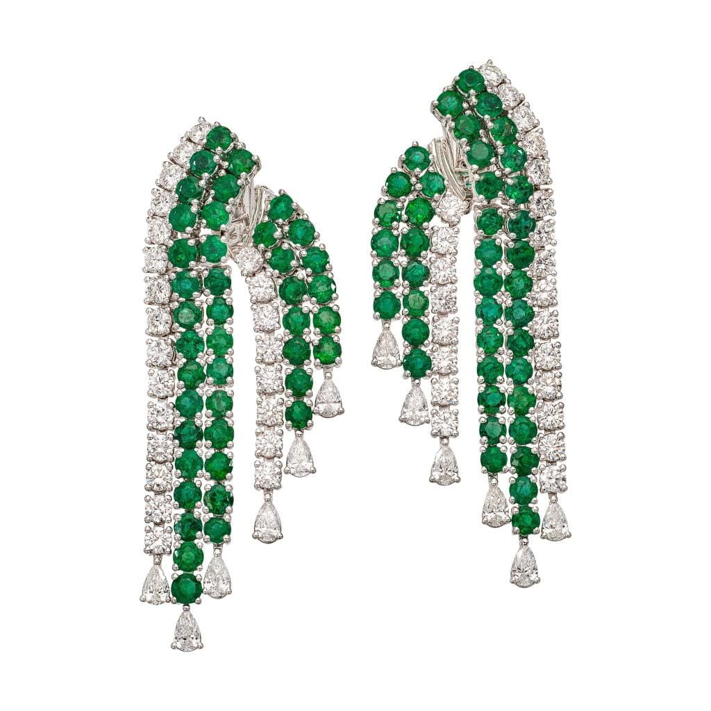 White Gold, Emerald and Diamond Chandelier Earclips
