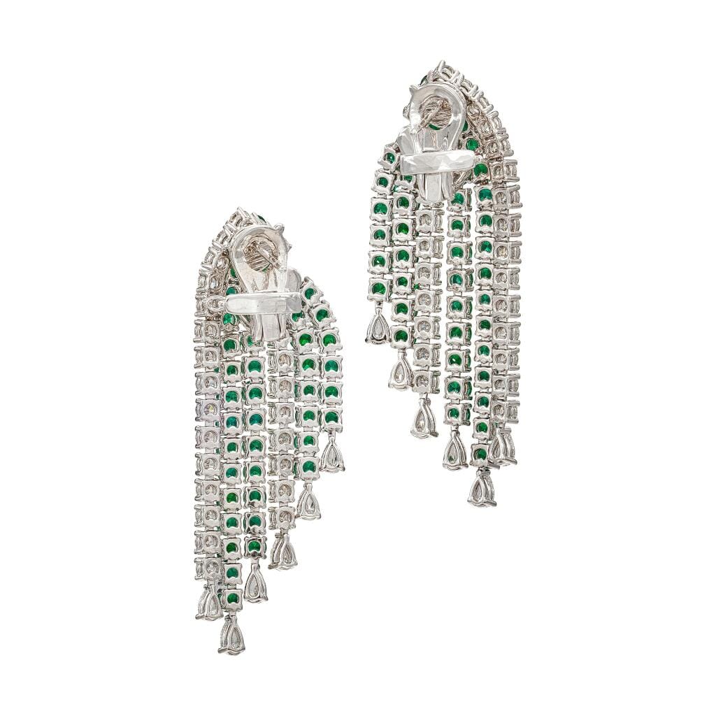 White Gold, Emerald and Diamond Chandelier Earclips