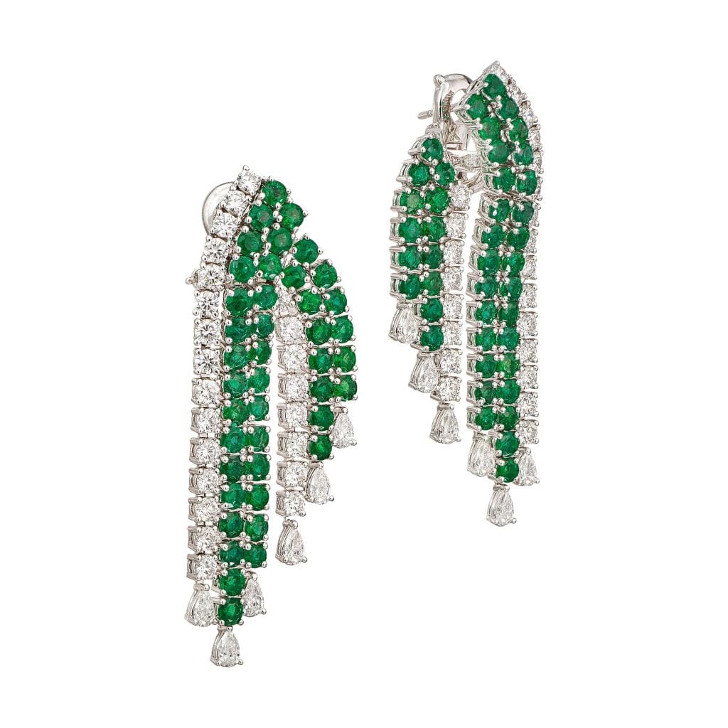 White Gold, Emerald and Diamond Chandelier Earclips