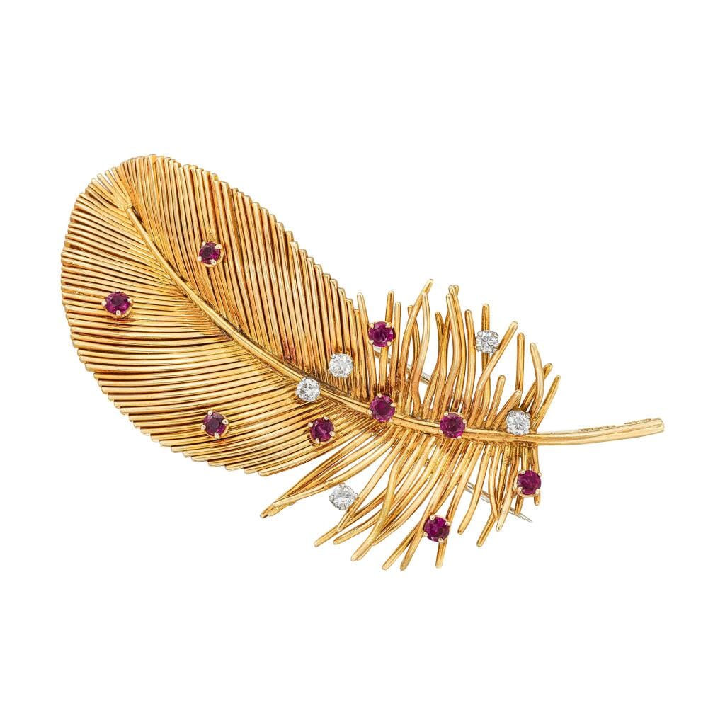 Vintage Gold, Ruby and Diamond Feather Brooch