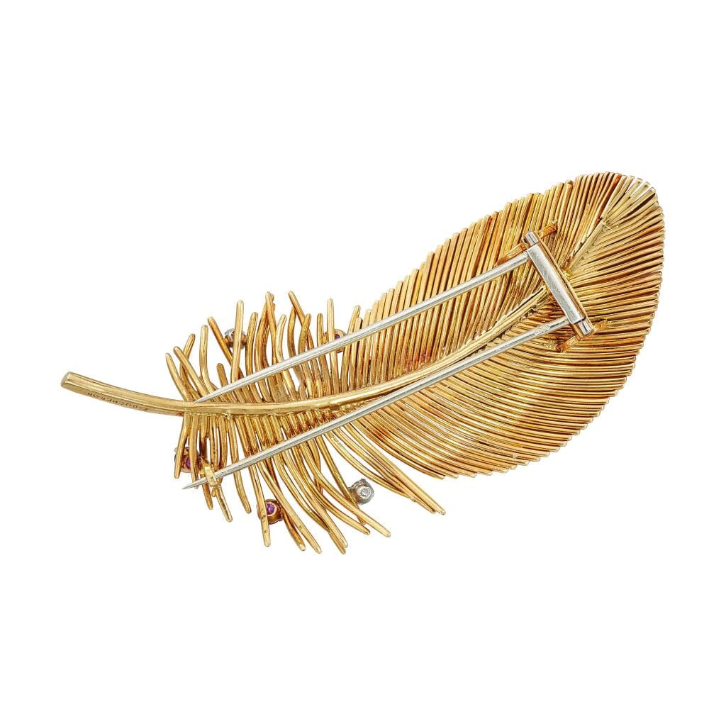 Vintage Gold, Ruby and Diamond Feather Brooch
