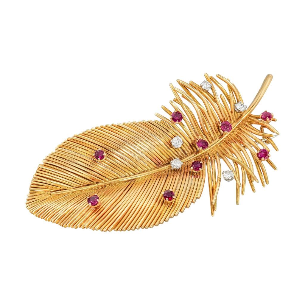 Vintage Gold, Ruby and Diamond Feather Brooch