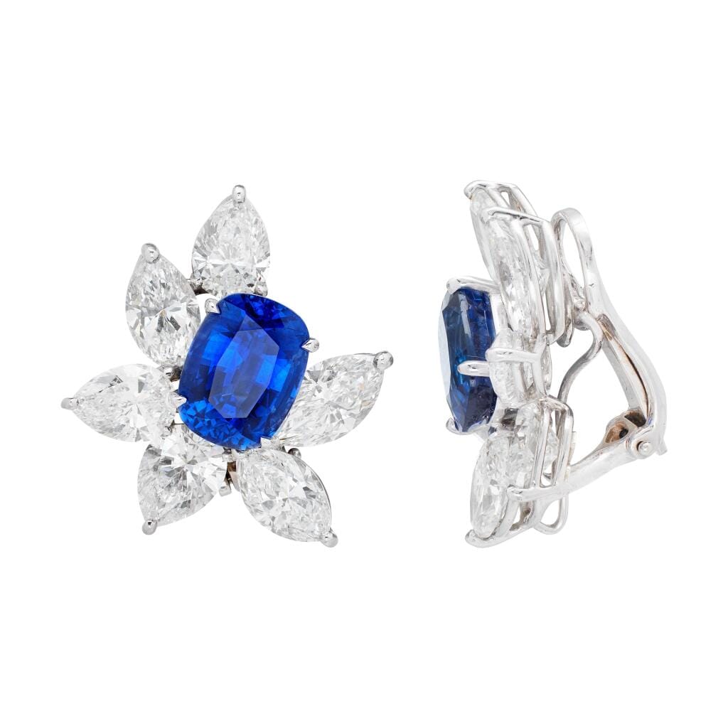 Platinum, 10.79ctw Ceylon Royal Blue Sapphire and Diamond Cluster Earclips