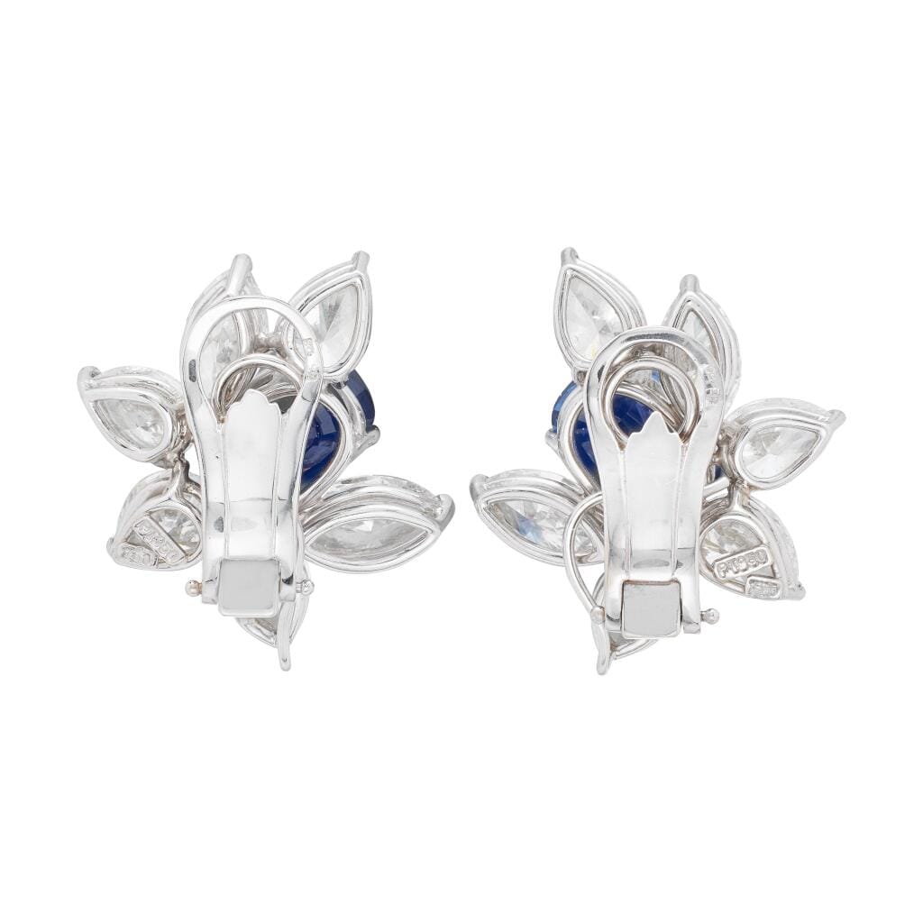 Platinum, 10.79ctw Ceylon Royal Blue Sapphire and Diamond Cluster Earclips