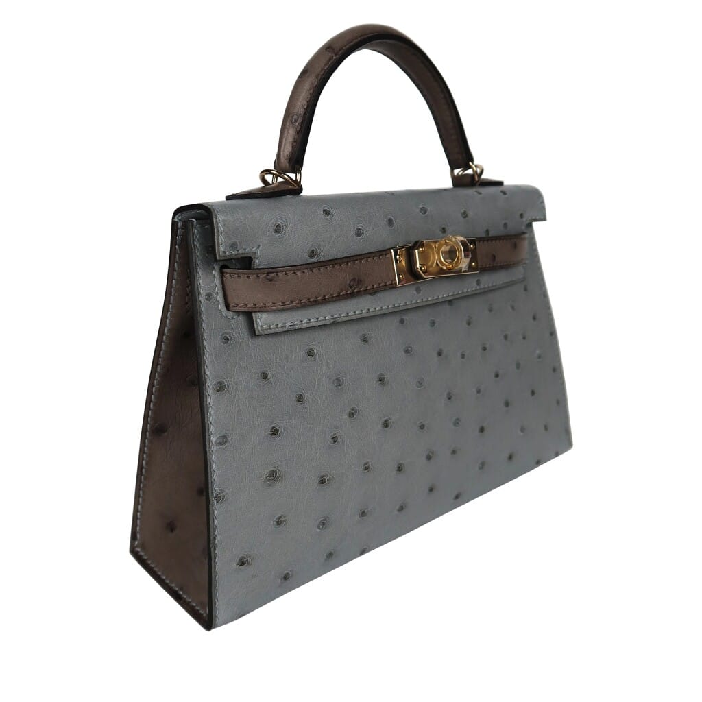 Bleu Glacier Gris Tourterelle Ostrich Mini Kelly 20 II Permabrass Hardware, 2026