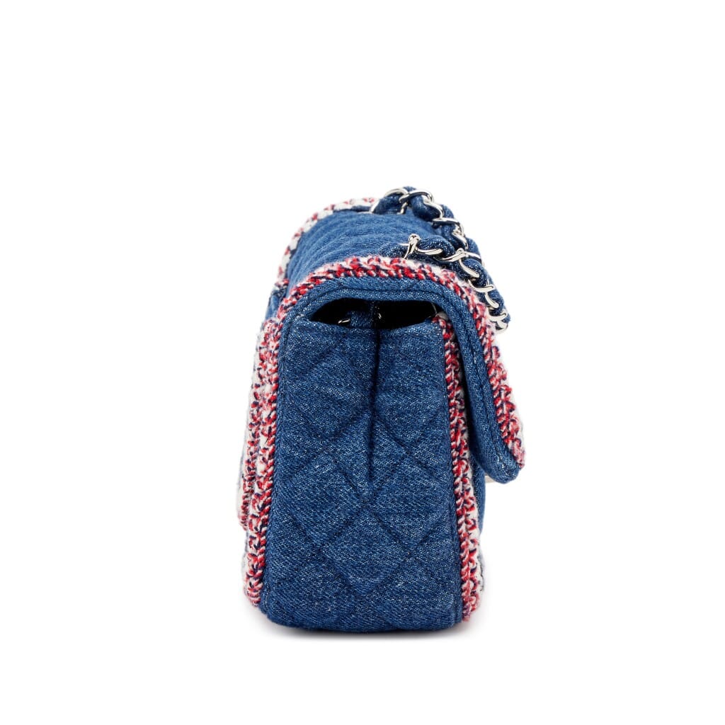 Dark Blue Quilted Denim Multicolor Tweed Braided Mini Rectangular Classic Single Flap Bag Silver Hardware, 2018
