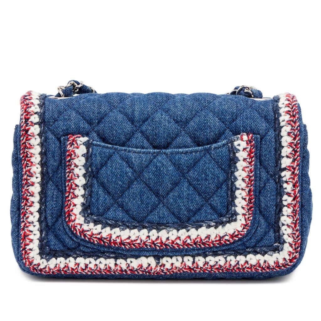 Dark Blue Quilted Denim Multicolor Tweed Braided Mini Rectangular Classic Single Flap Bag Silver Hardware, 2018