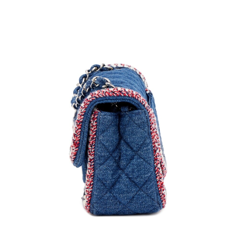 Dark Blue Quilted Denim Multicolor Tweed Braided Mini Rectangular Classic Single Flap Bag Silver Hardware, 2018