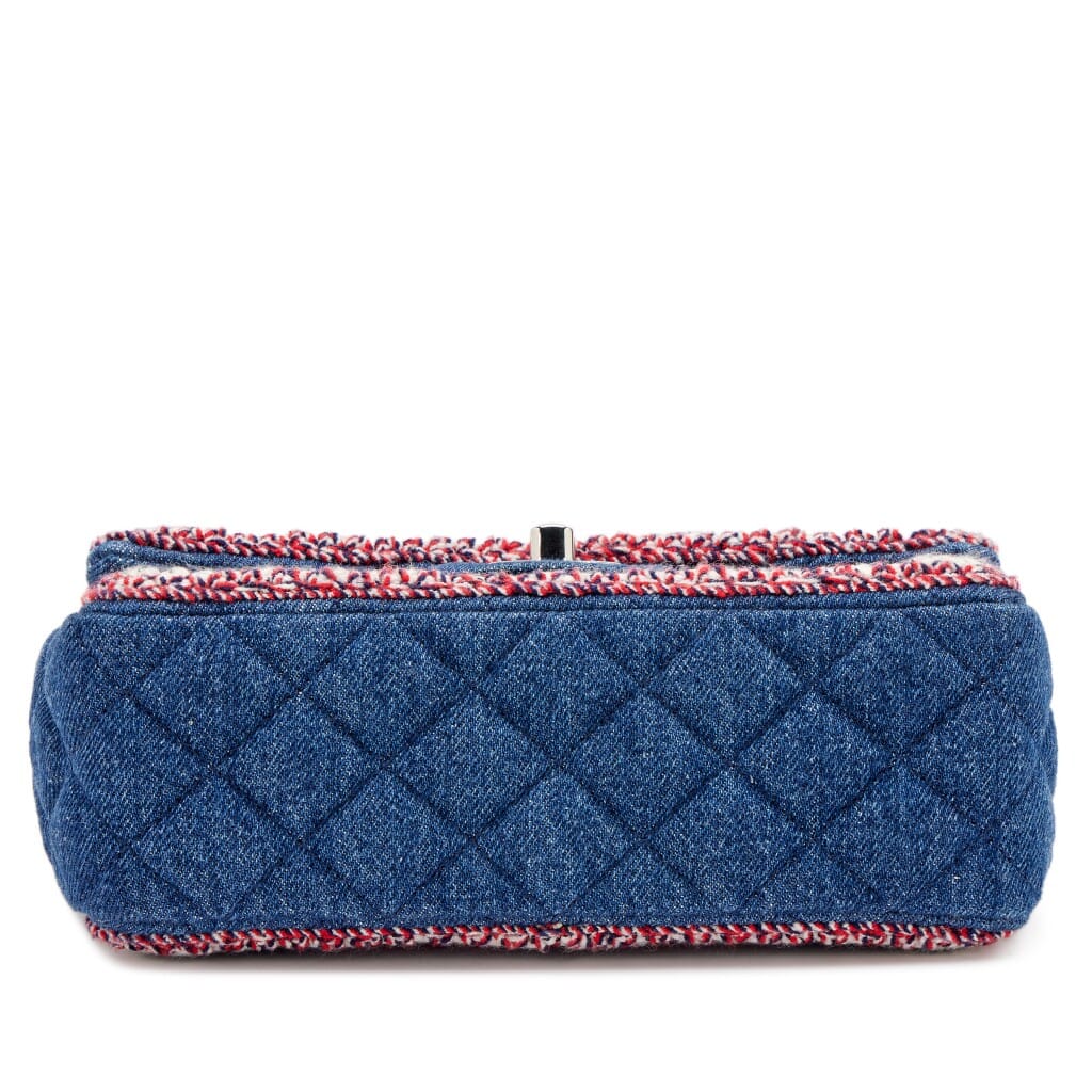 Dark Blue Quilted Denim Multicolor Tweed Braided Mini Rectangular Classic Single Flap Bag Silver Hardware, 2018