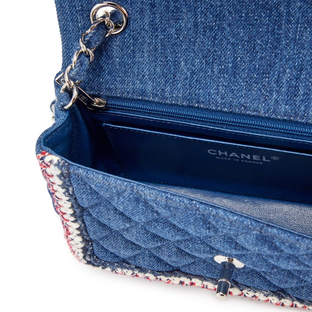 Dark Blue Quilted Denim Multicolor Tweed Braided Mini Rectangular Classic Single Flap Bag Silver Hardware, 2018