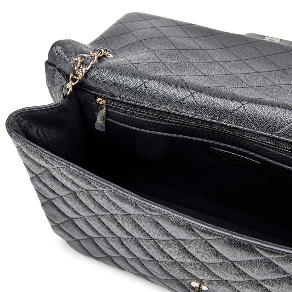 Black Quilted Caviar XXL Classic Airline Travel Flap Bag Light Gold Hardware, 2024