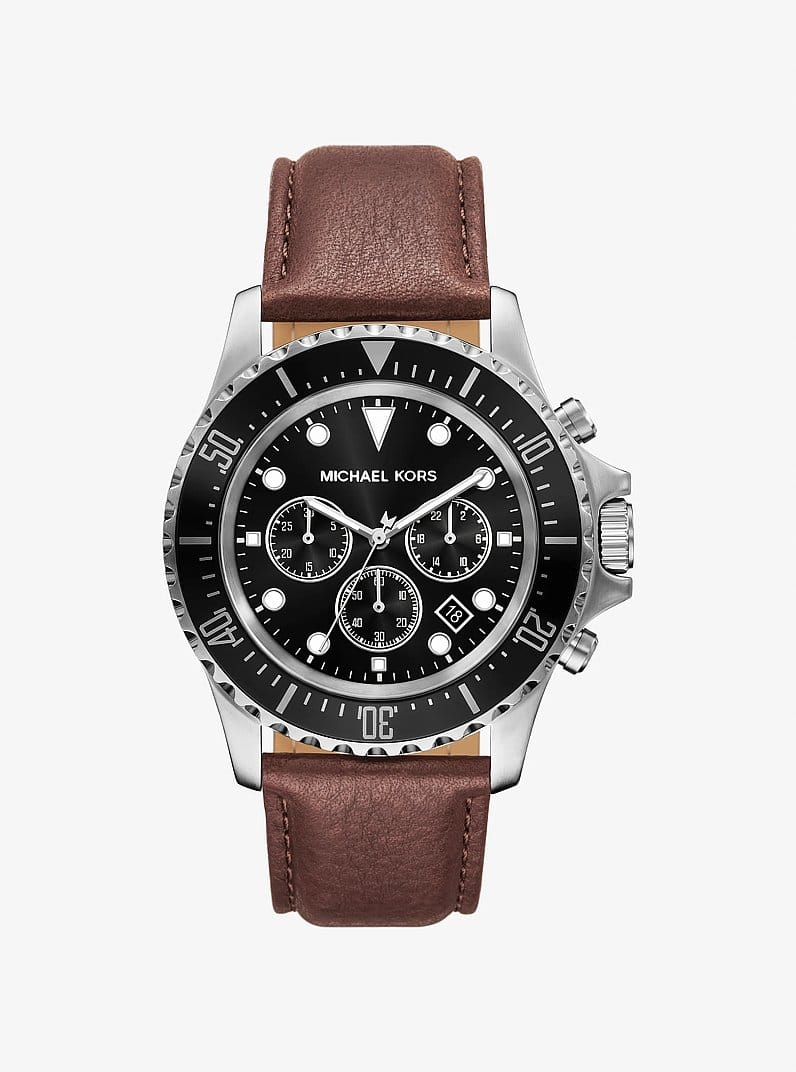 Oversized Everest Silver-Tone and Leather Watch