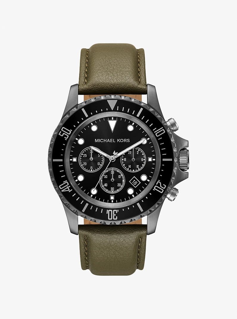 Oversized Everest Gunmetal-Tone and Leather Watch