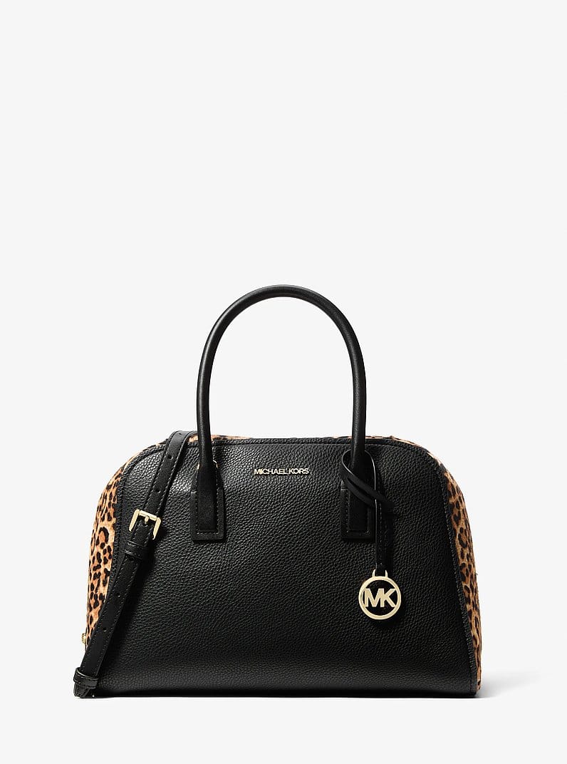 Ashton Medium Leopard Print Calf Hair and Smooth Satchel