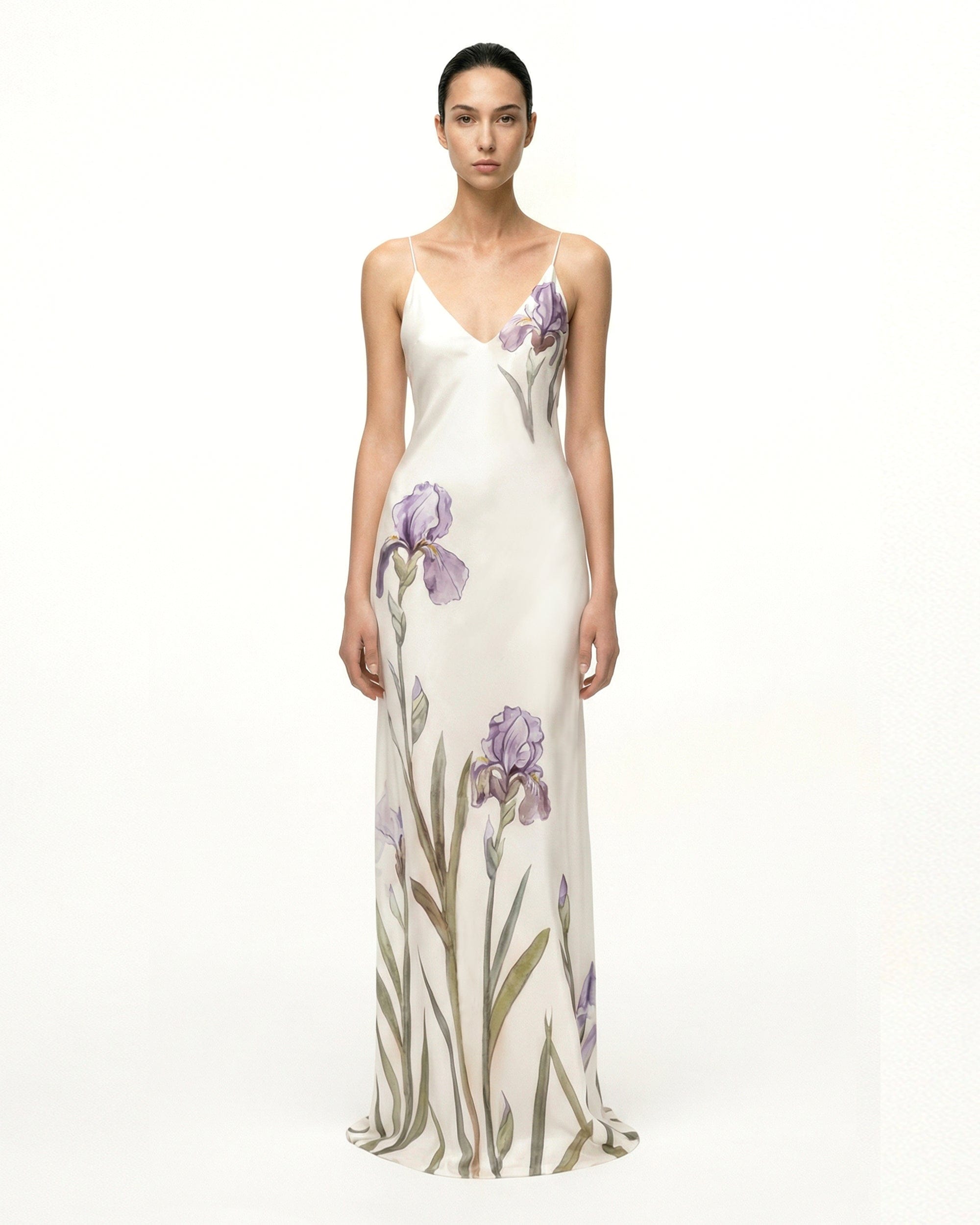 Iris Motif Satin Slip Gown - Light Green/Purple
