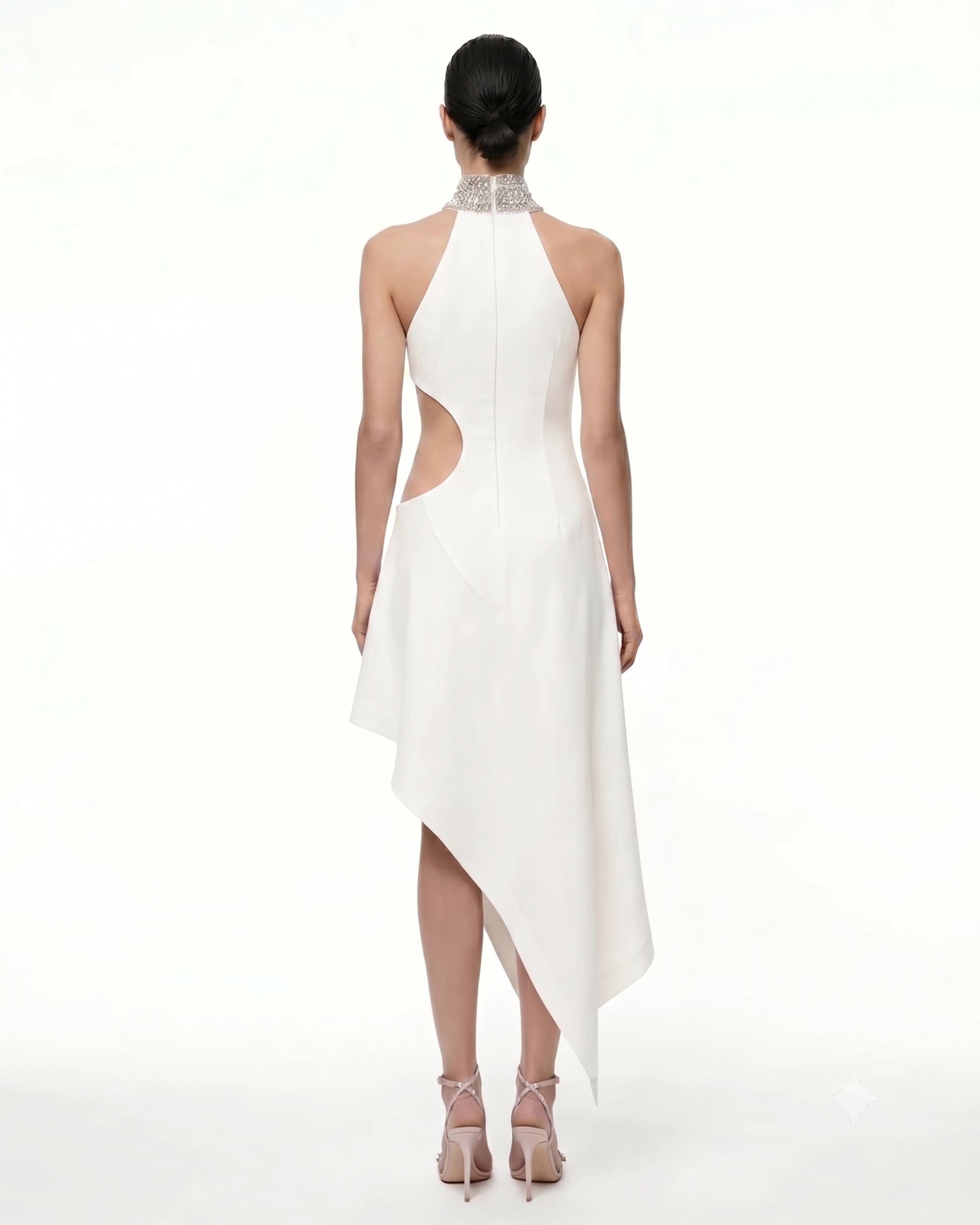 Jeweled Floral Cutout High Neck Dress - White