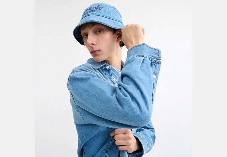 Coach Script Embroidered Denim Bucket Hat