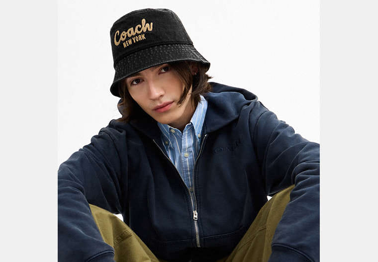 Coach Script Embroidered Denim Bucket Hat