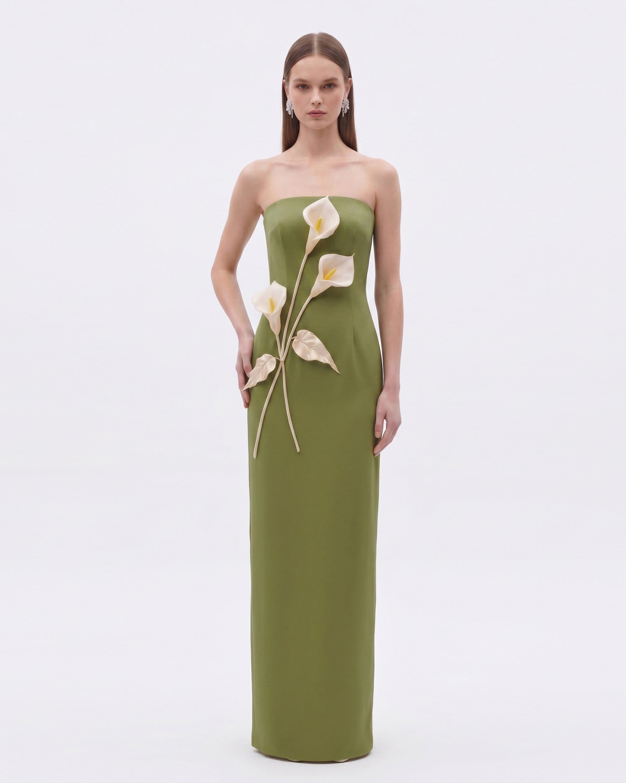 Floral Appliqué Strapless Dress - Olive Green