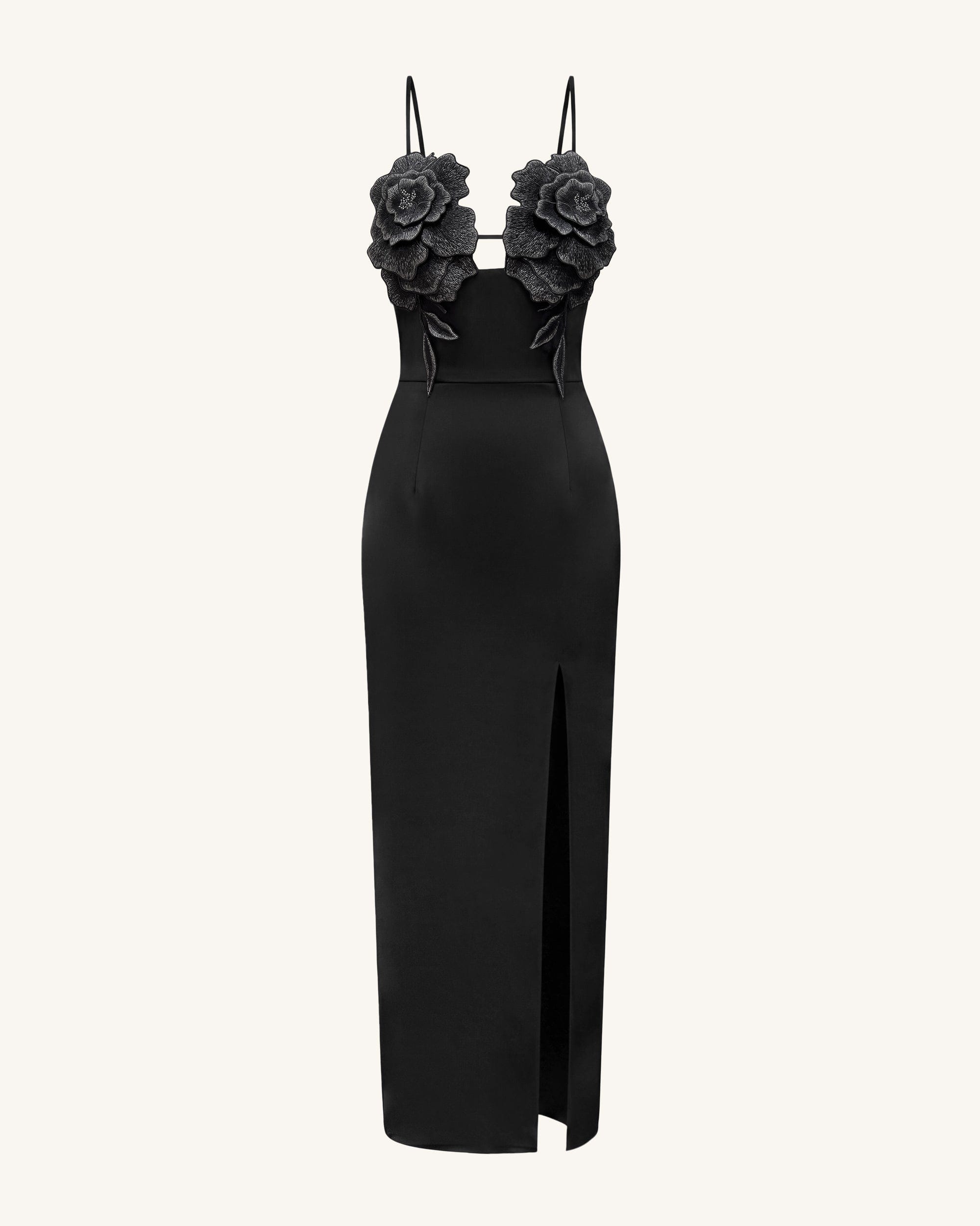 3D Floral Strappy Maxi Dress - Black