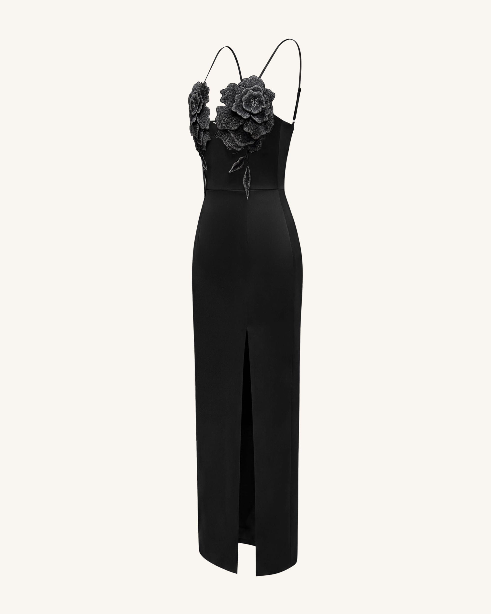 3D Floral Strappy Maxi Dress - Black
