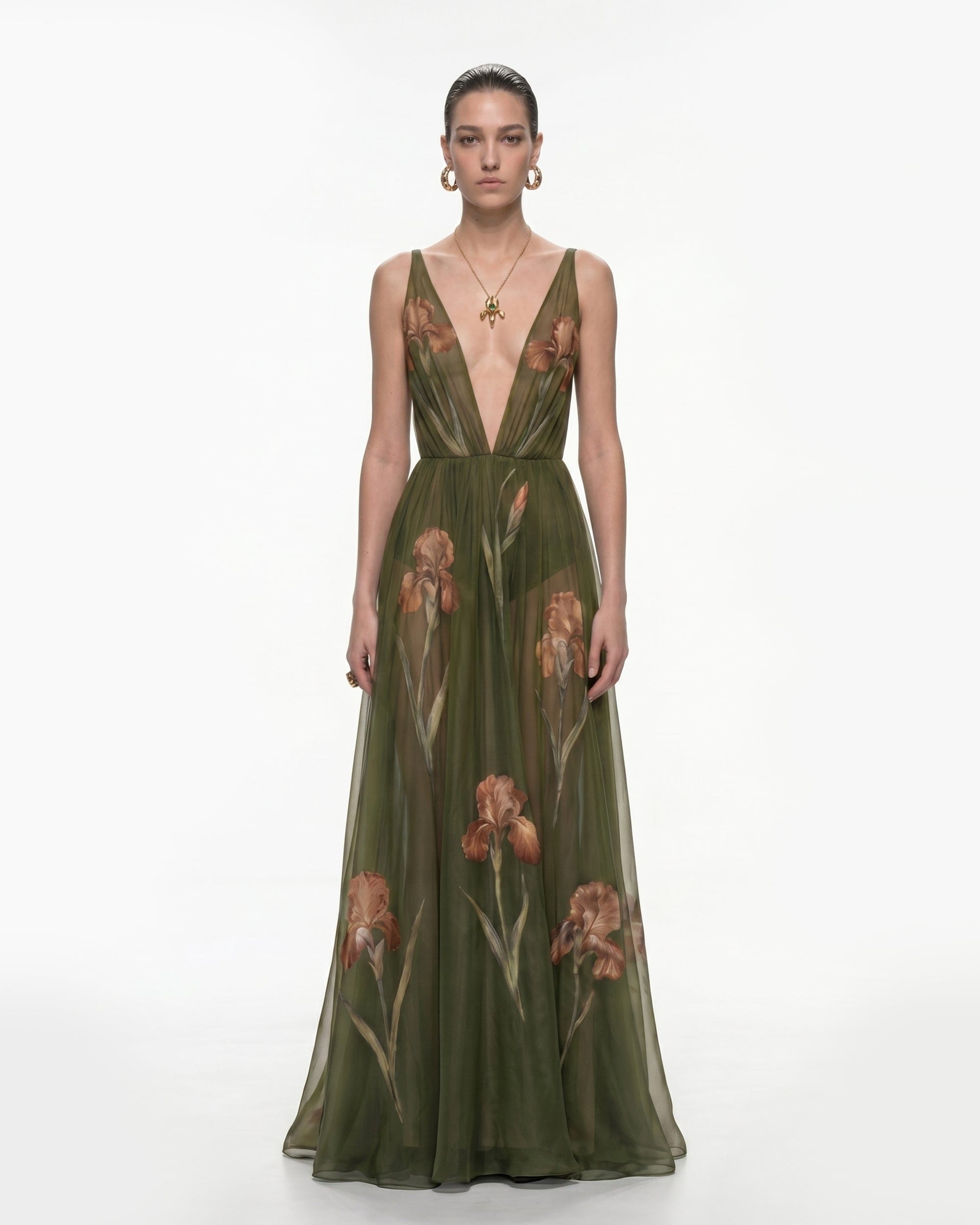 Sheer Floral Print Maxi Dress - Black