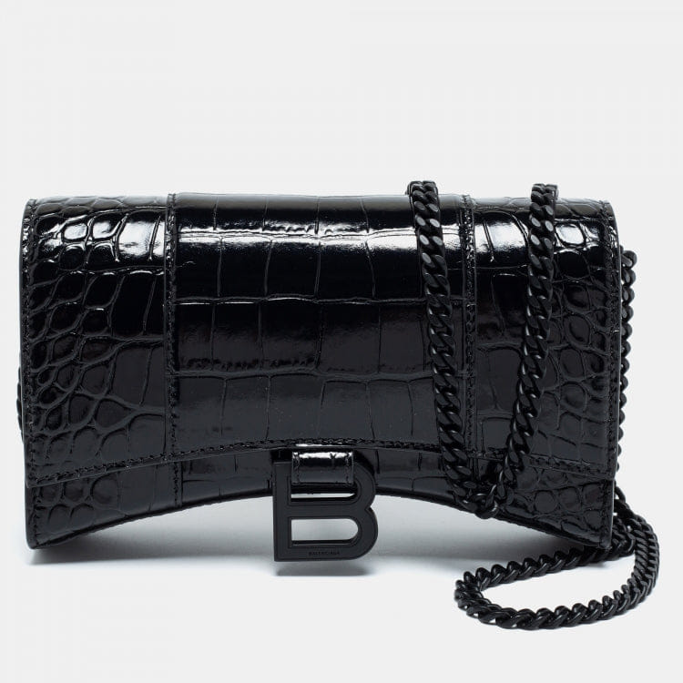 Balenciaga Black Croc Embossed Leather Hourglass Wallet On Chain