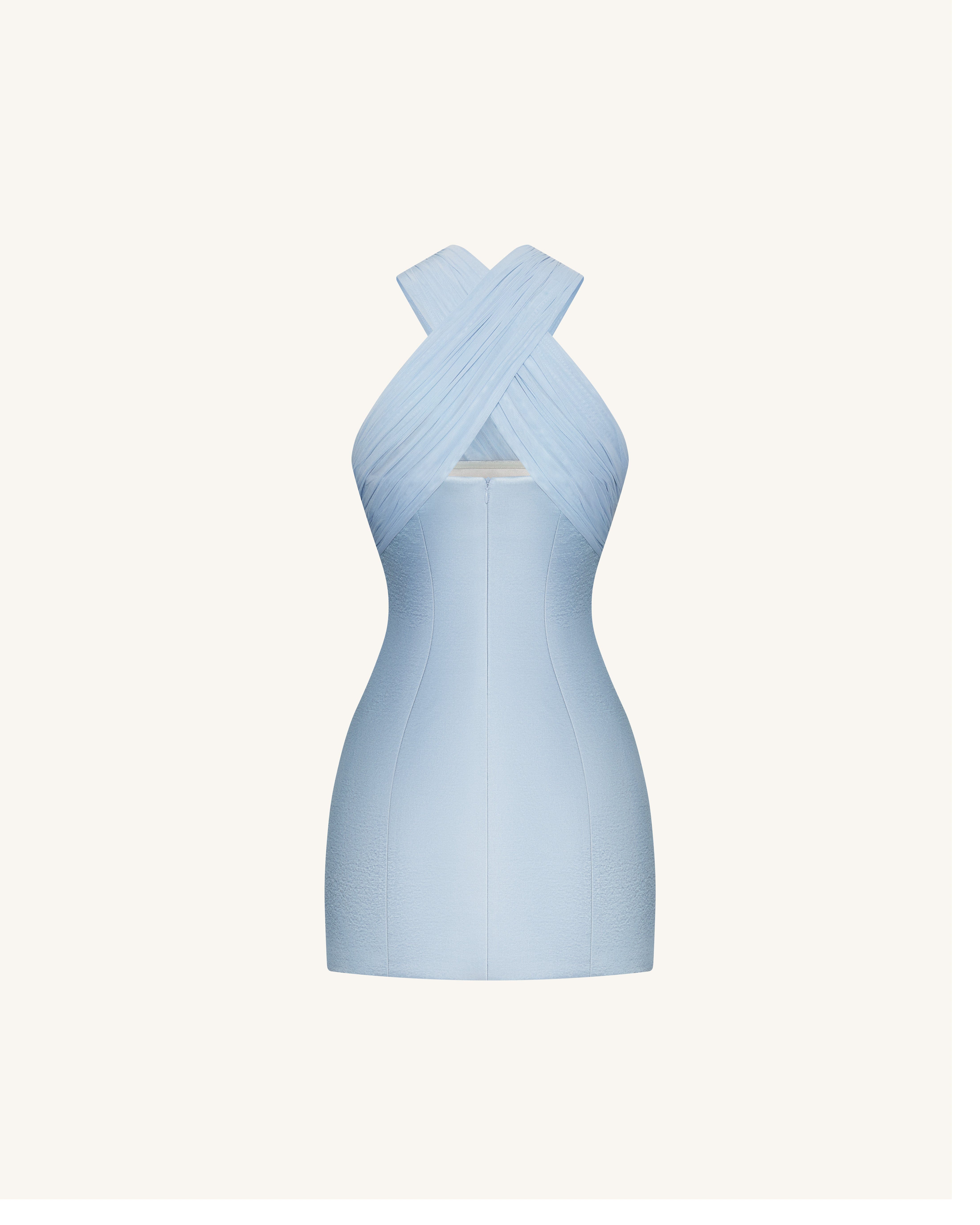 Satin Mini Dress with Tulle Cross-Halter - Blue