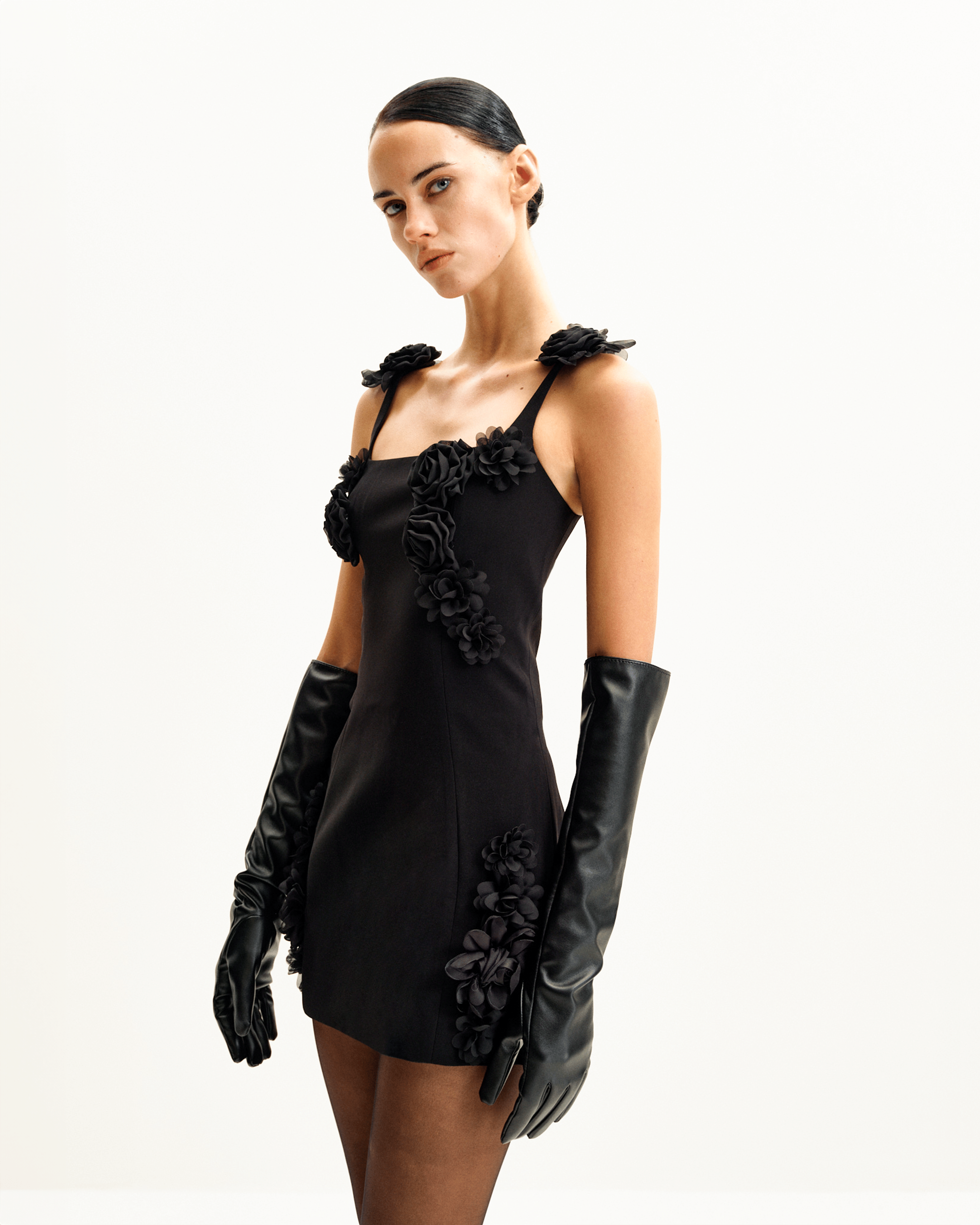 Elaina Black Rosette Applique Mini Dress - Black