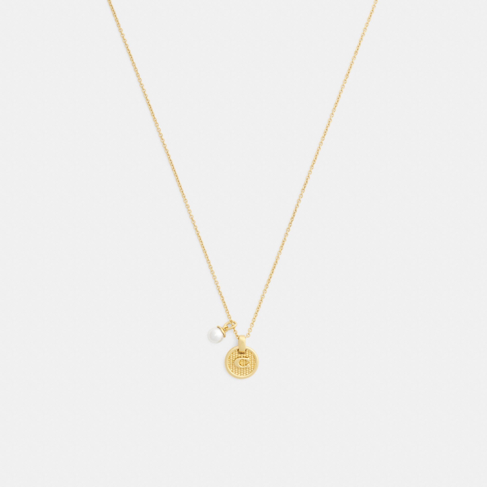 Textured Signature Coin And Pearl Pendant Necklace