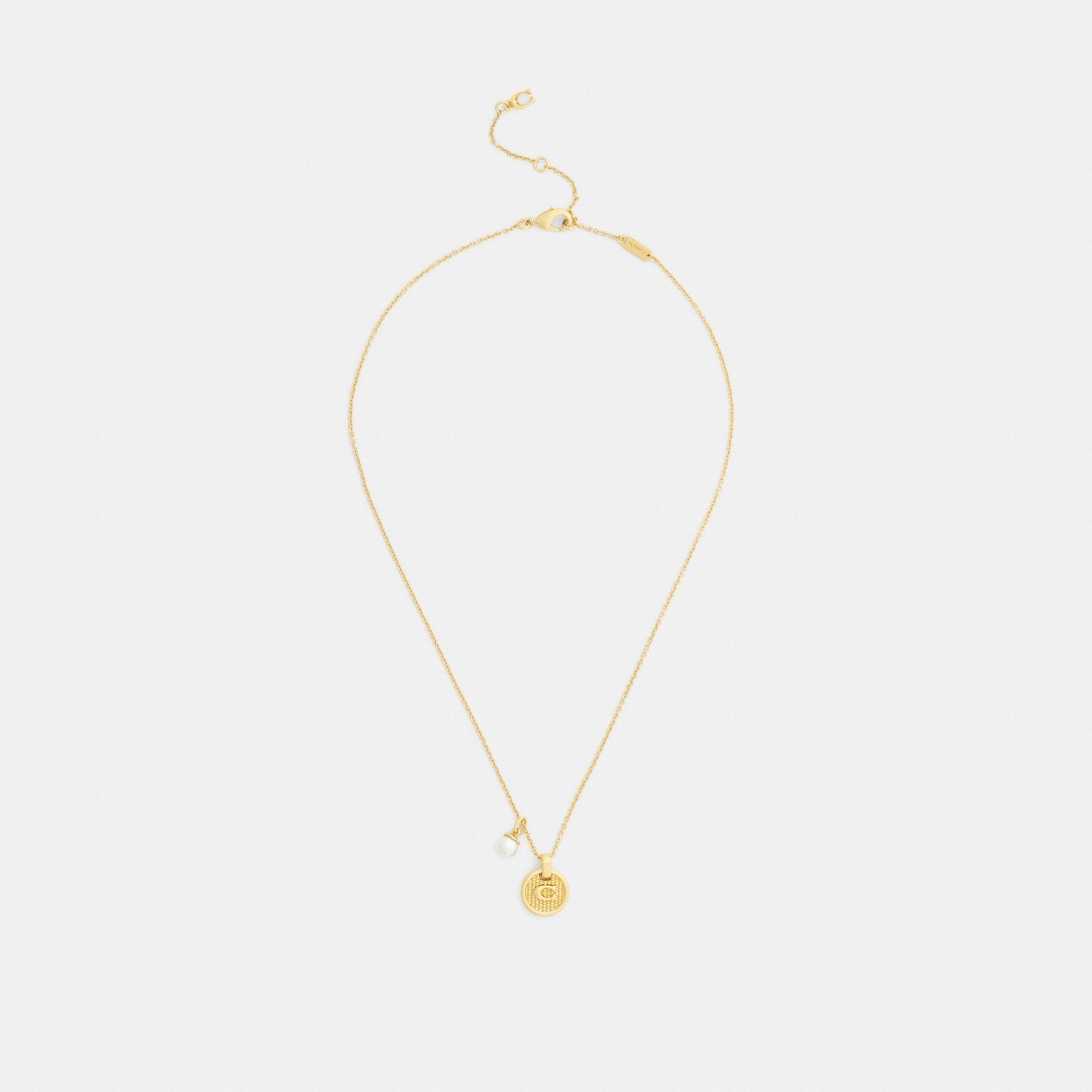 Textured Signature Coin And Pearl Pendant Necklace