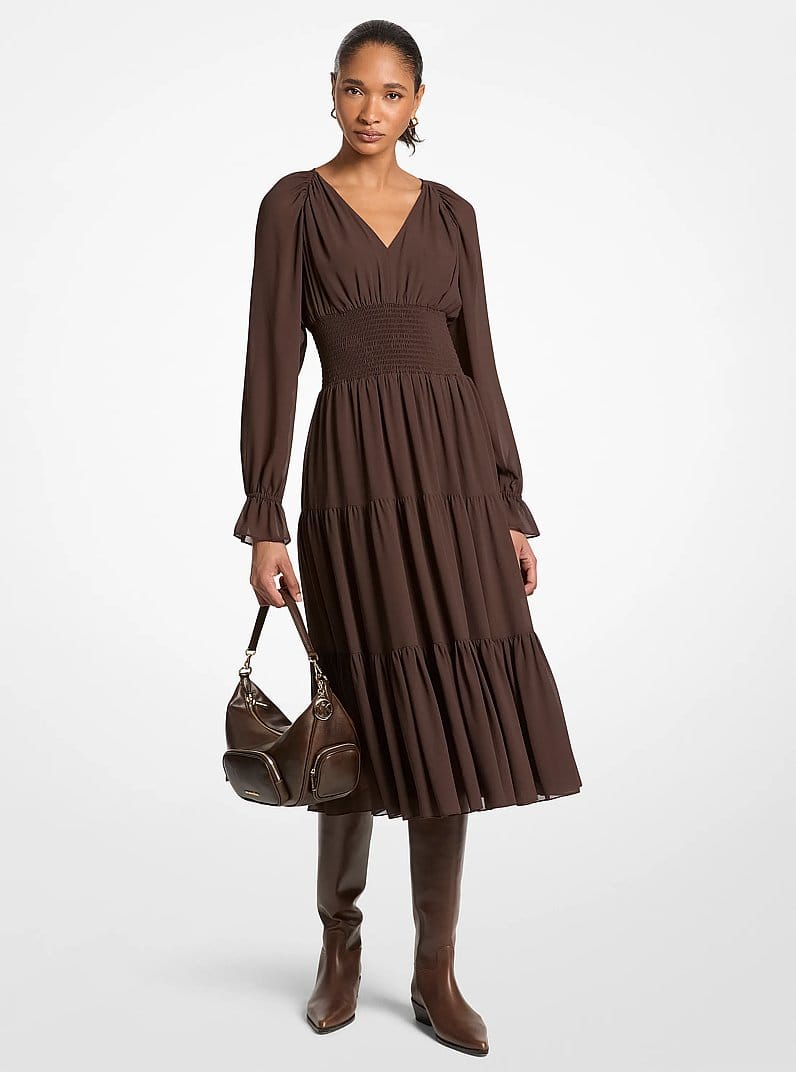 Smocked Georgette Midi Dress