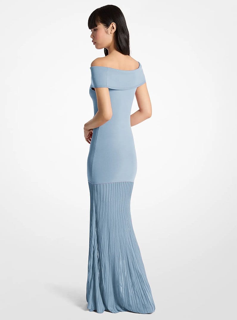 Pleated Stretch Knit Off-The-Shoulder Maxi Dress