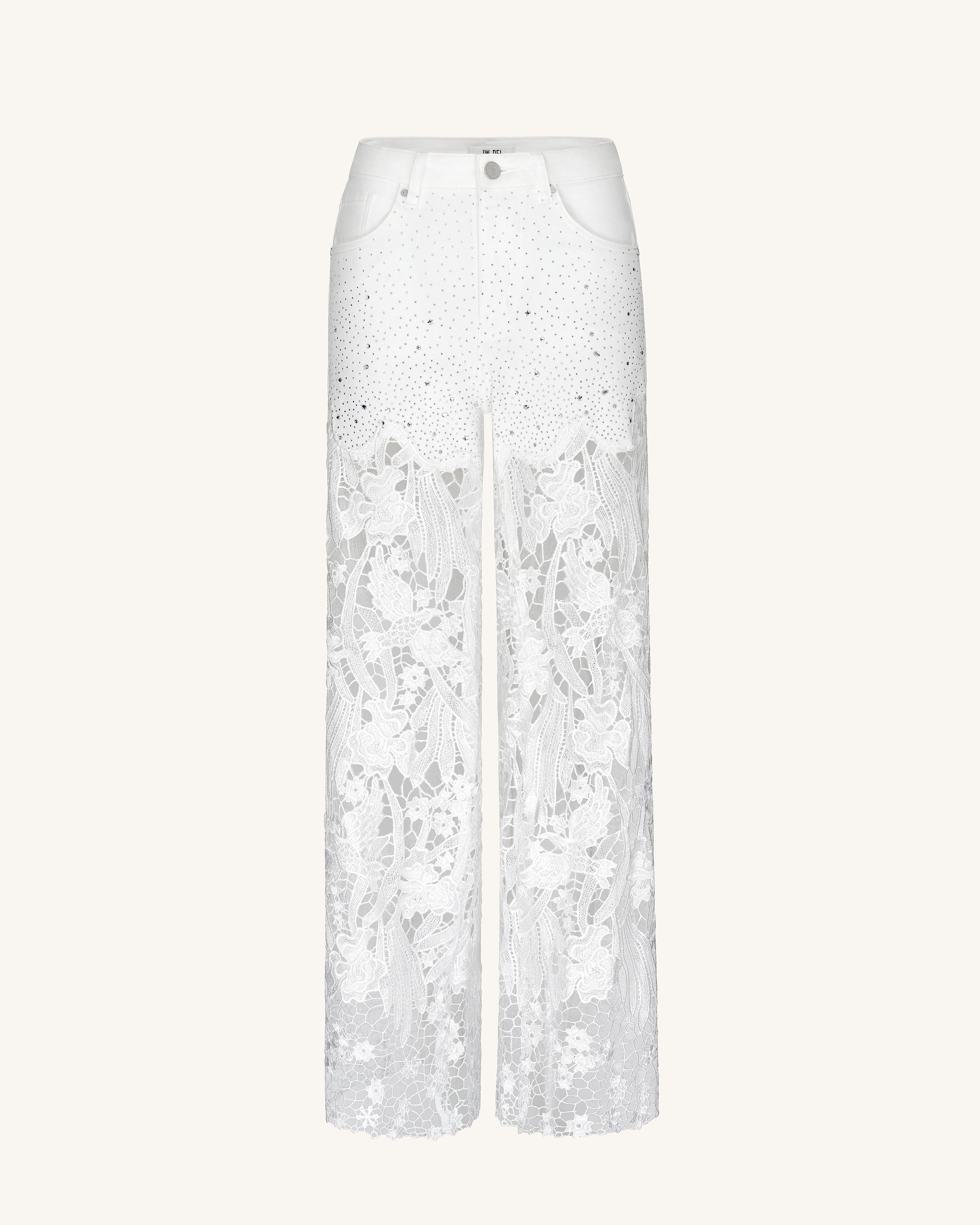 Embroidery High Rise Wide Leg Lace Denim Jeans With Rhinestone - White
