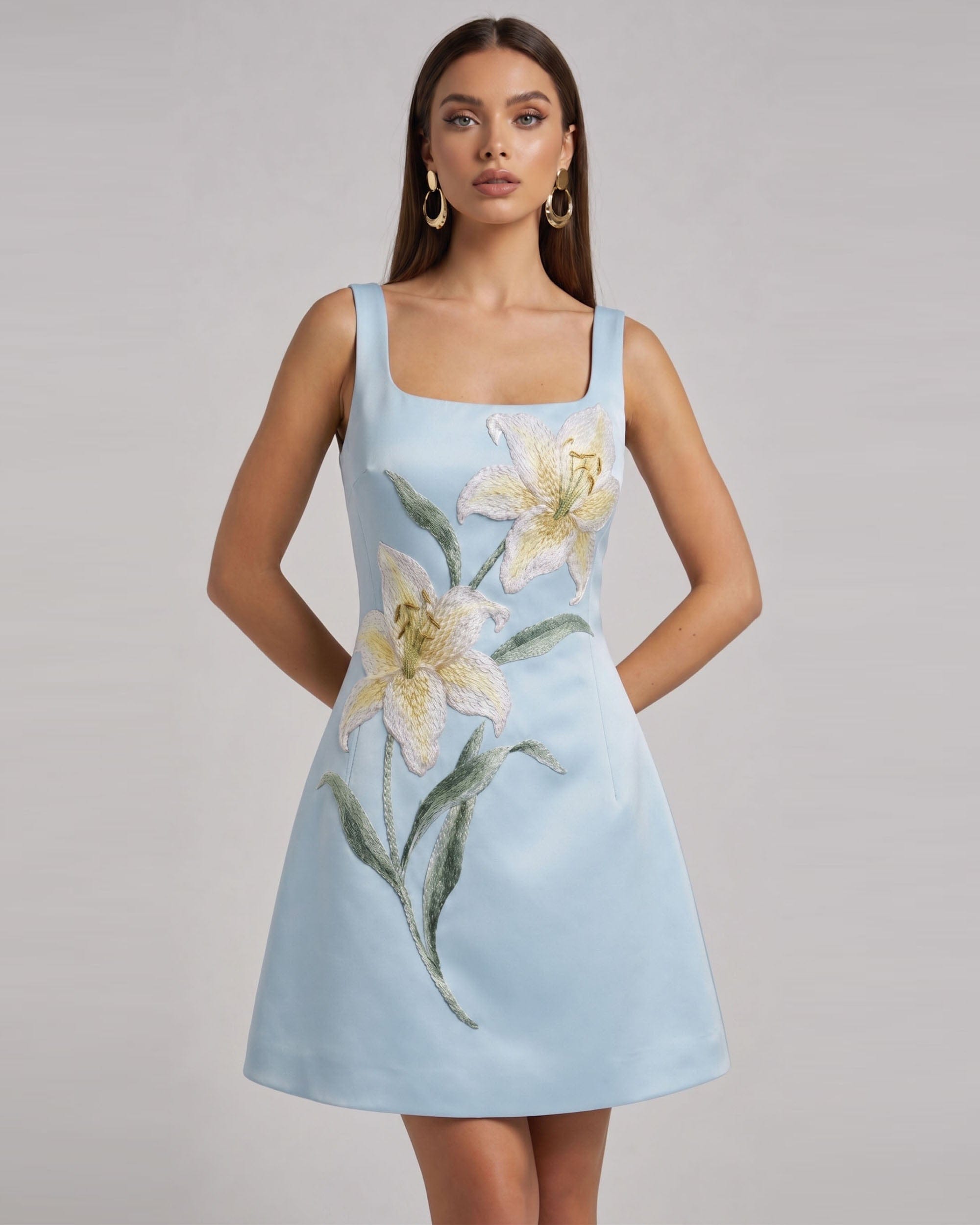 Lily Floral Print Sleeveless A-Line Mini Dress - Light Blue
