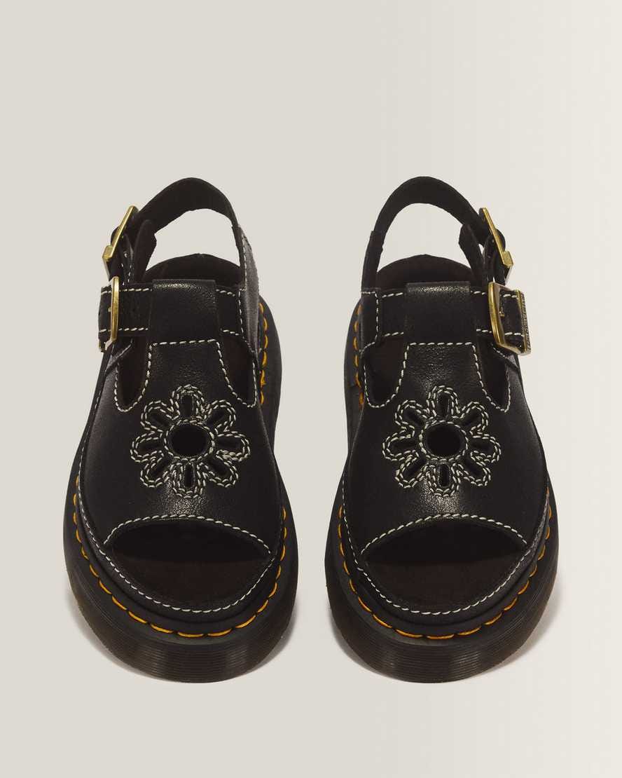 Dunnet Flower Full Grain Leather Sandals — Black