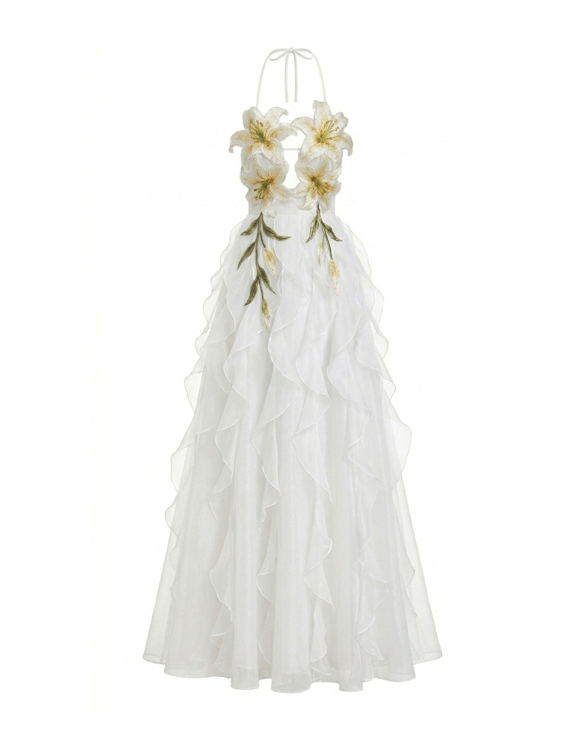 Lily-Embroidered Embroidered Halter Tiered Maxi Dress - White