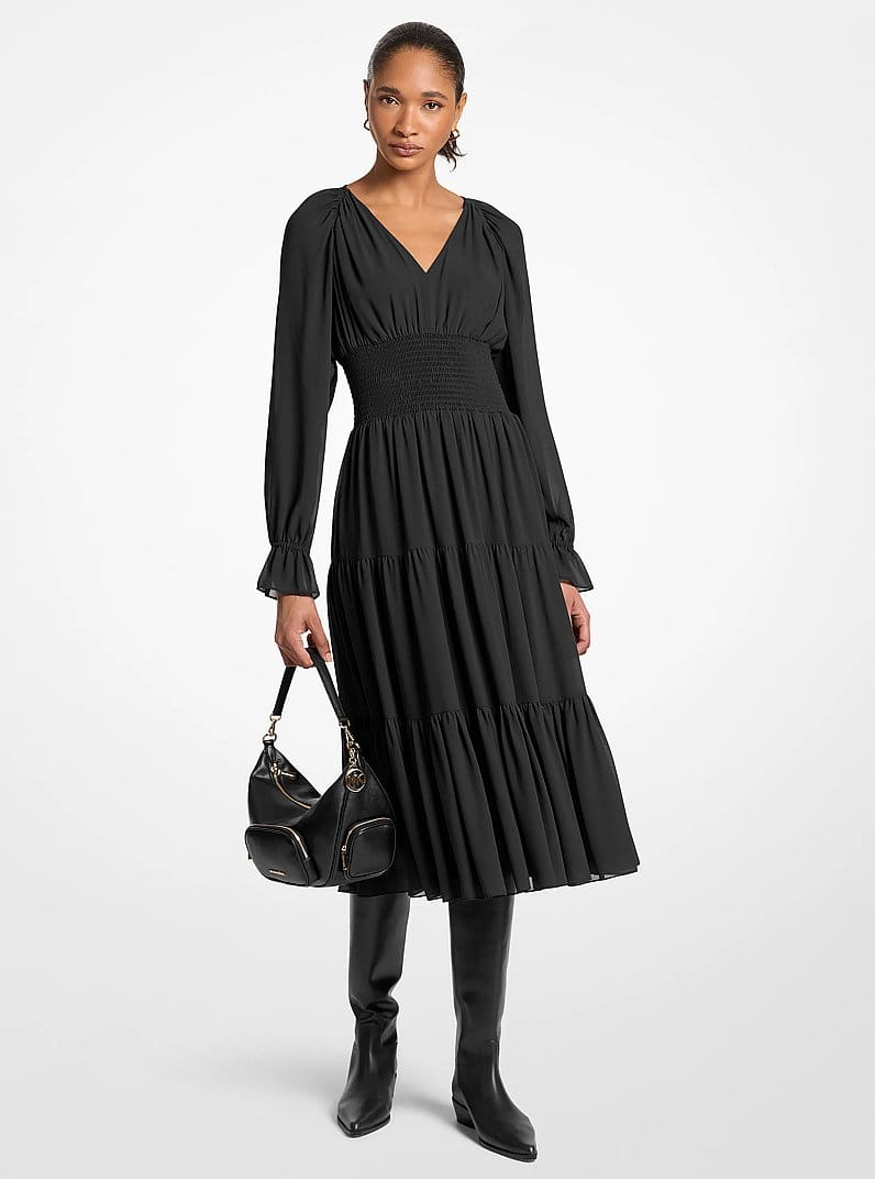 Smocked Georgette Midi Dress