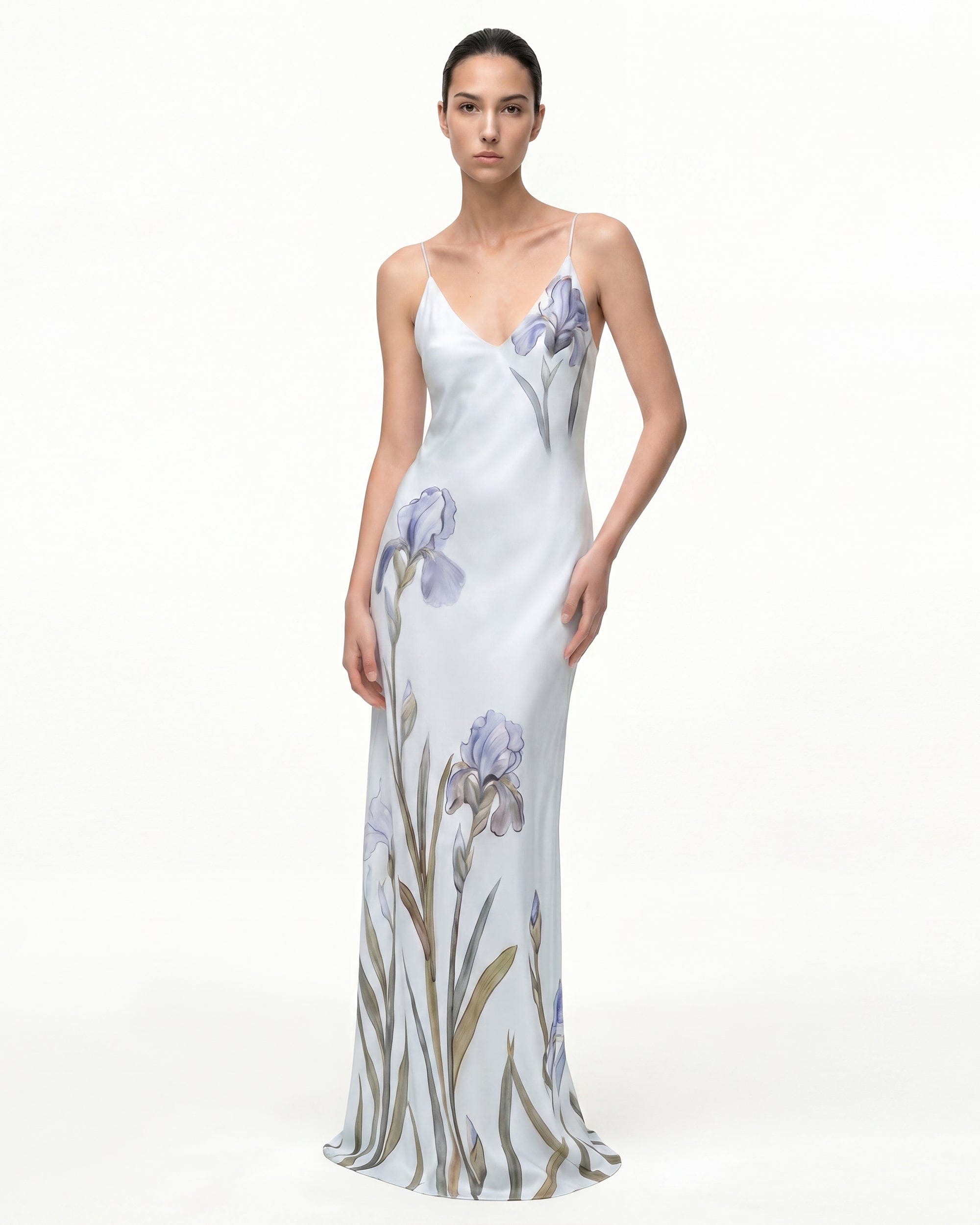 Iris Motif Satin Slip Gown - Light Blue