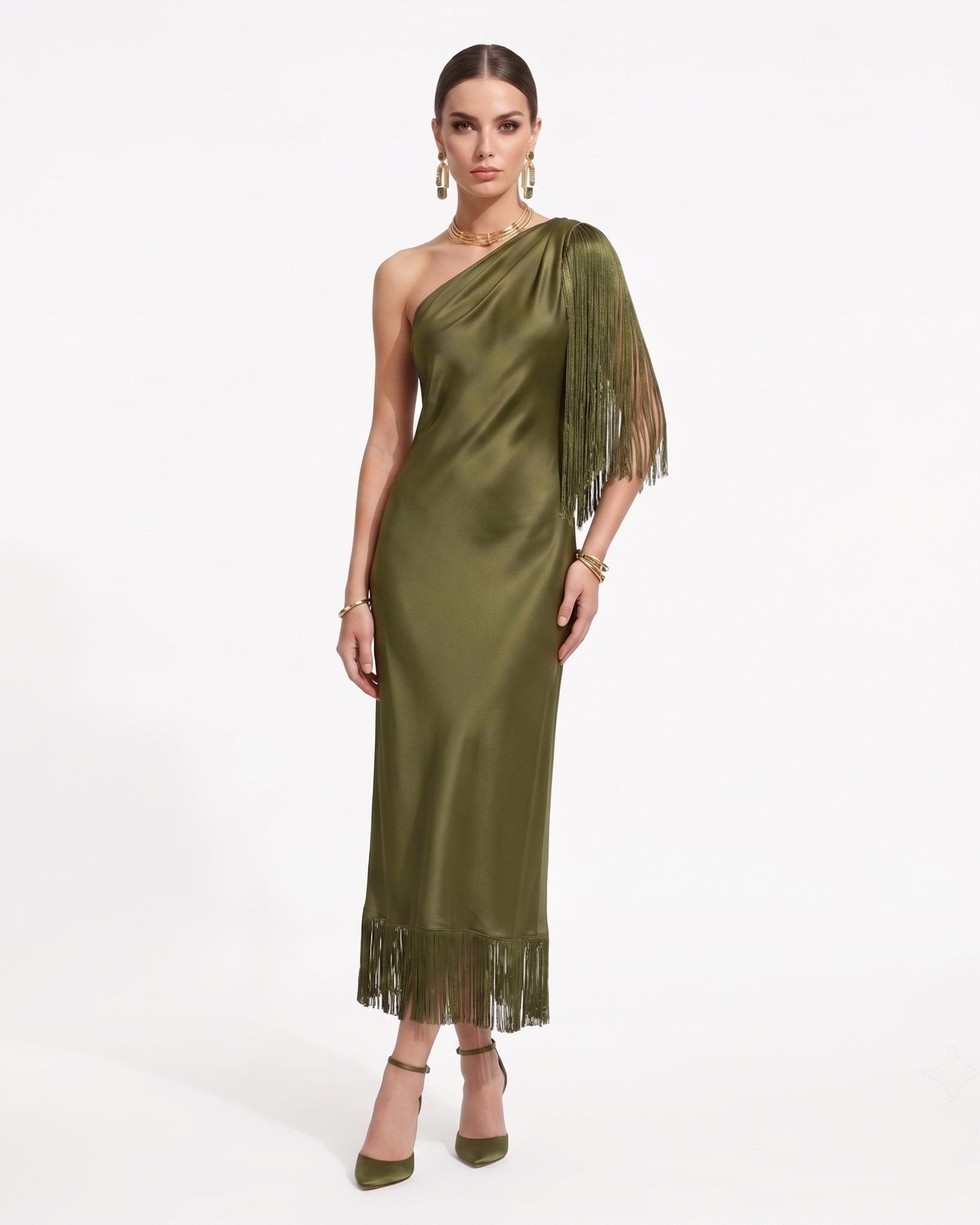 One Shoulder Fringe Midi Dress - Champagne