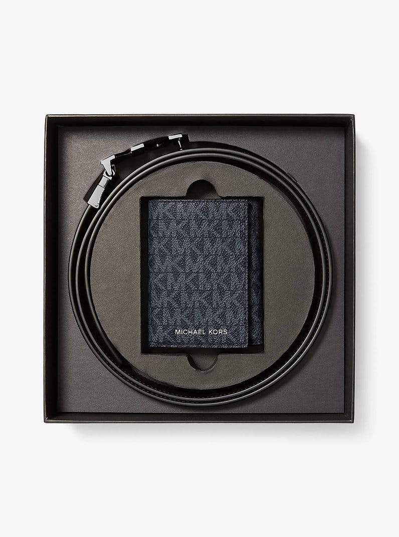 Signature Logo Tri-Fold Card Case and Belt Gift Set