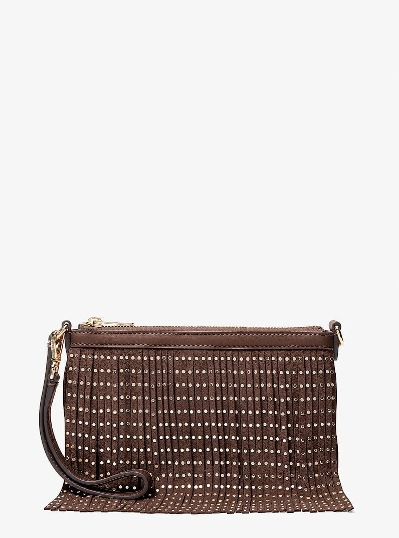 Studded Fringed Polyester Microsuede Wristlet