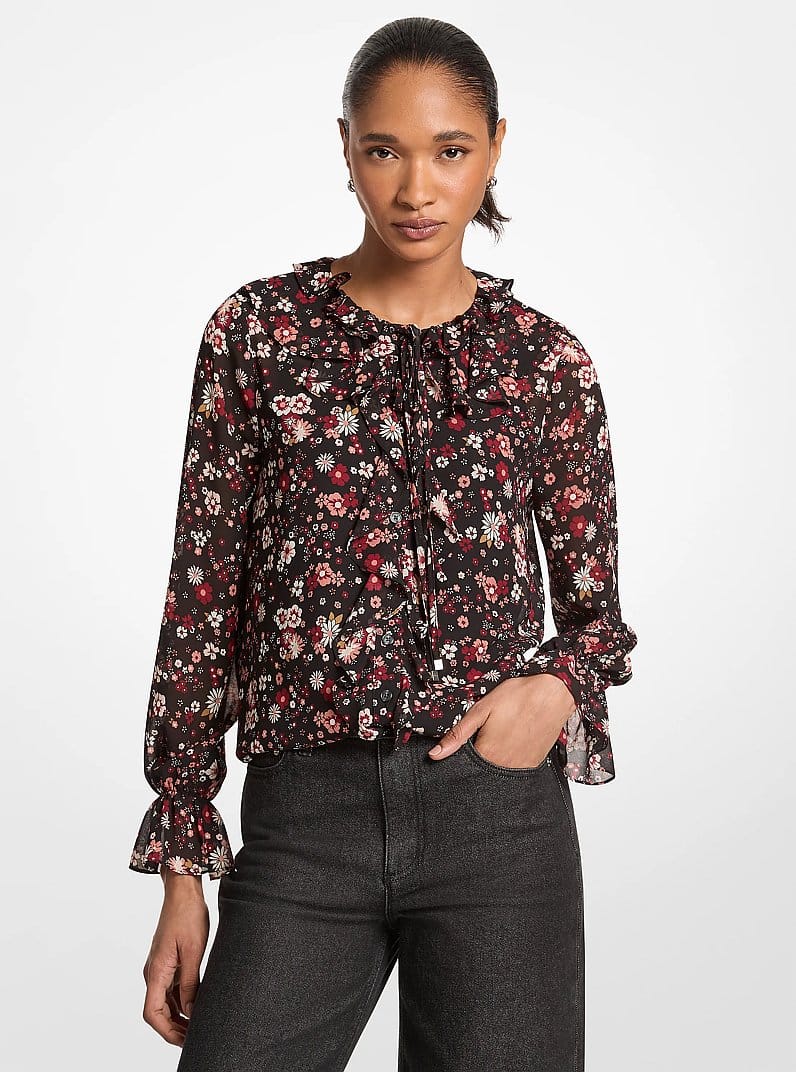 Ruffled Floral Print Georgette Top