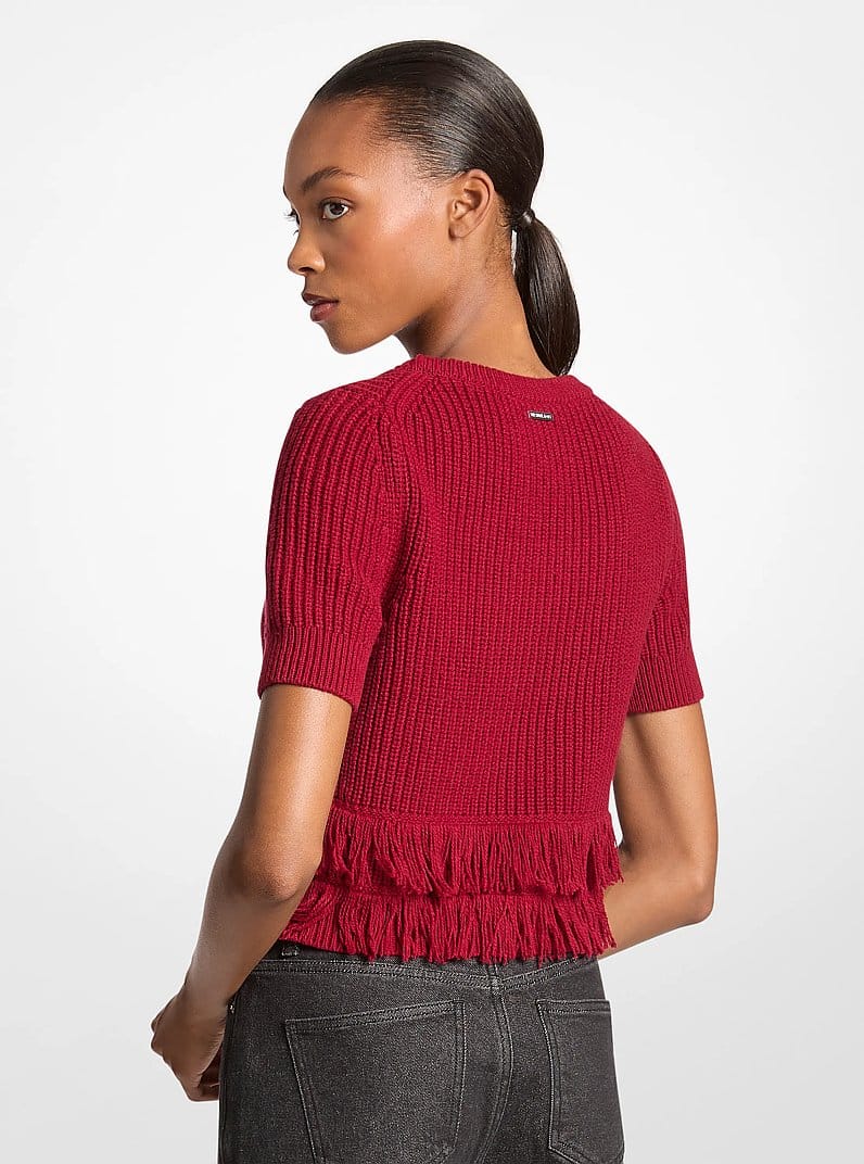 Fringed Knit Short-Sleeve Sweater