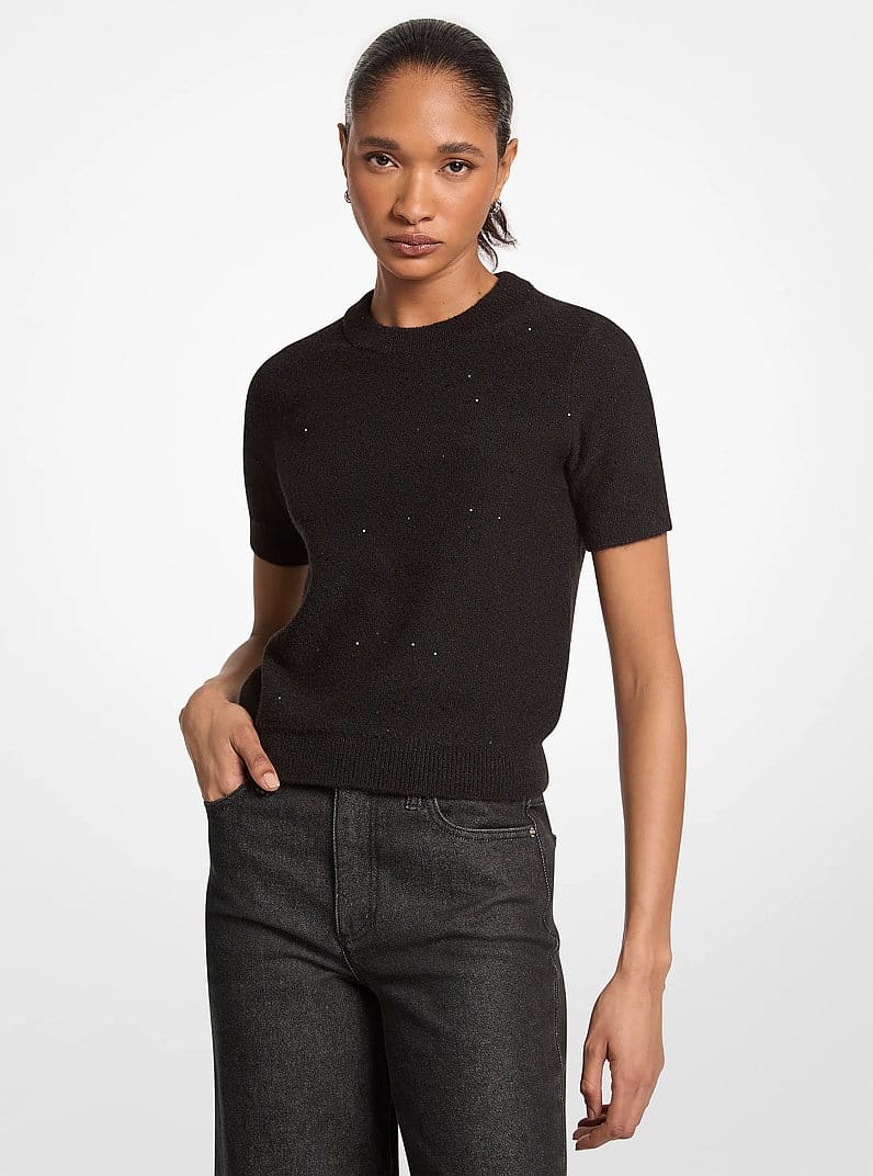 Embellished Knit Short-Sleeve Sweater