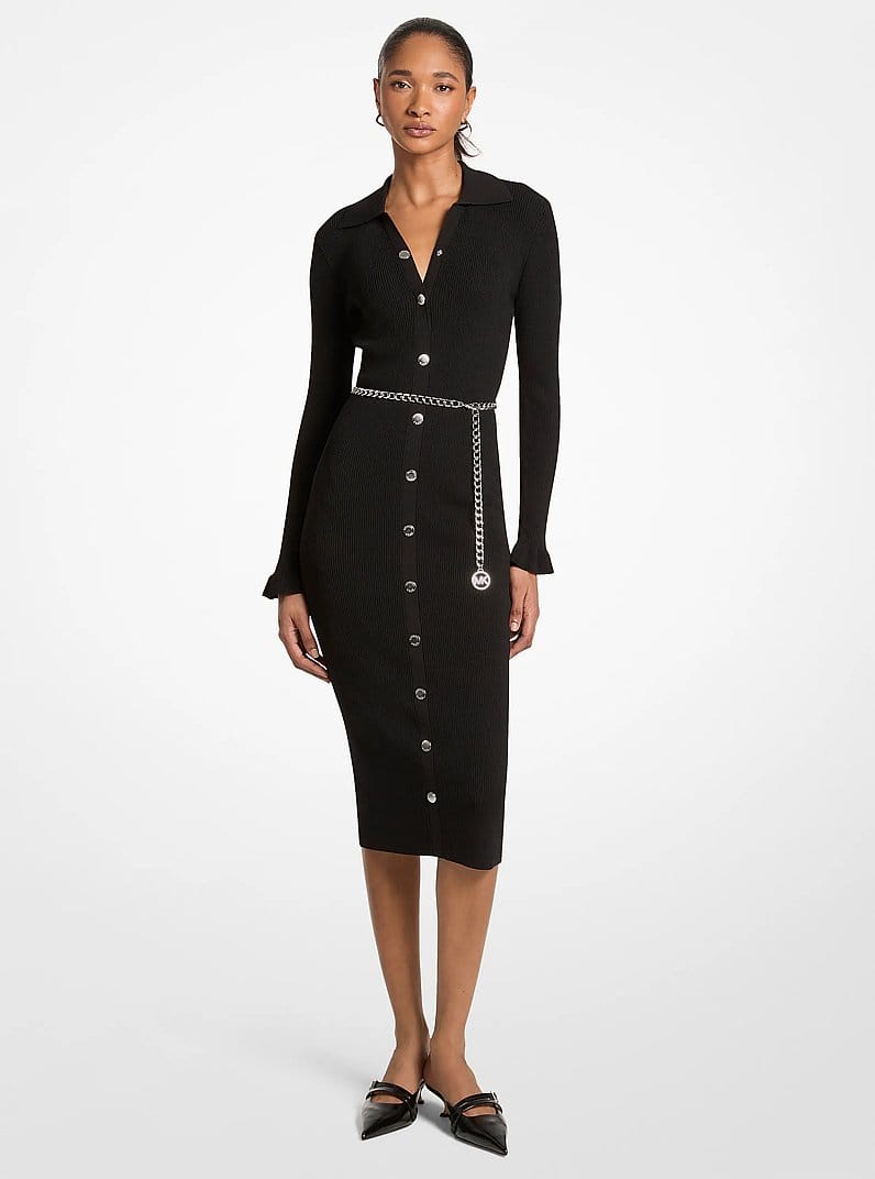 Stretch Knit Belted Midi Dress