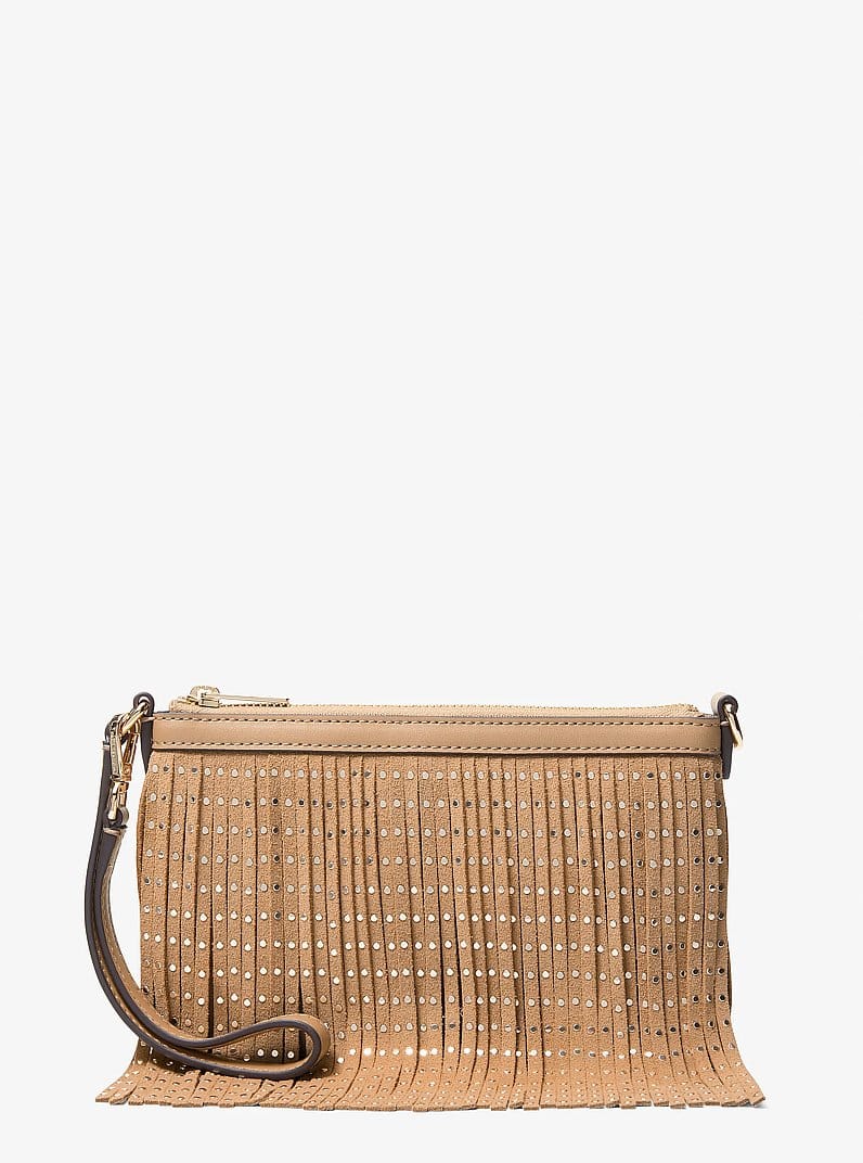Studded Fringed Polyester Microsuede Wristlet