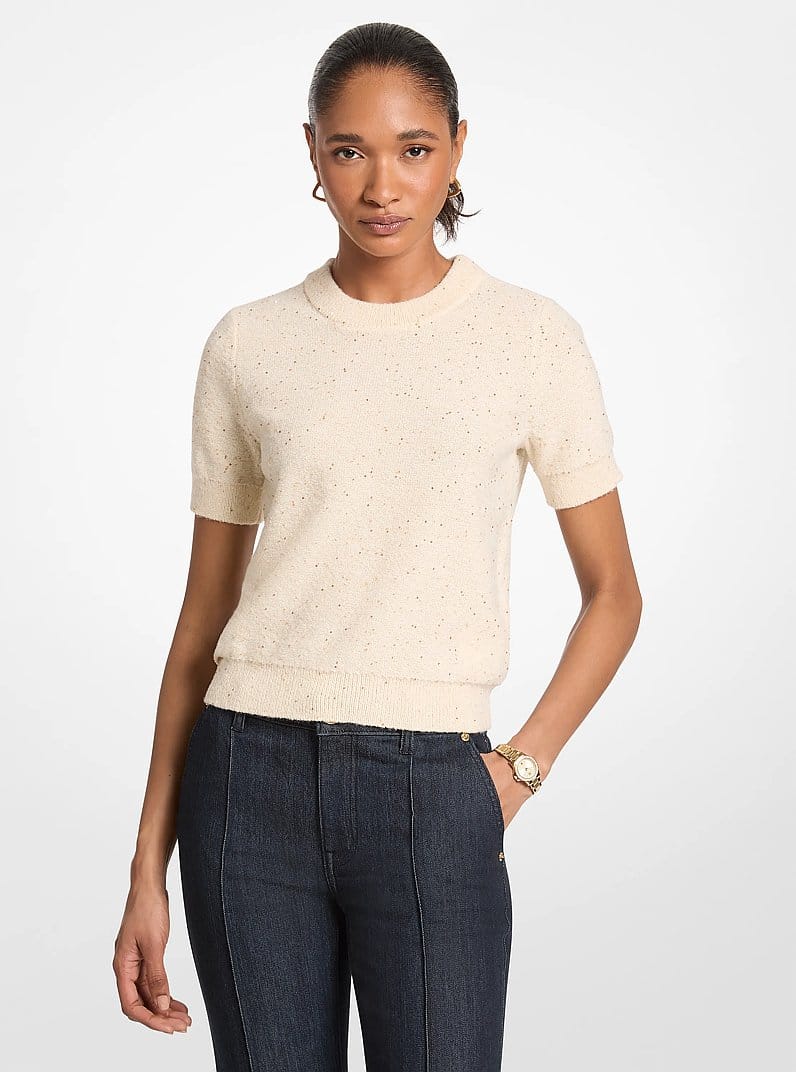 Embellished Knit Short-Sleeve Sweater