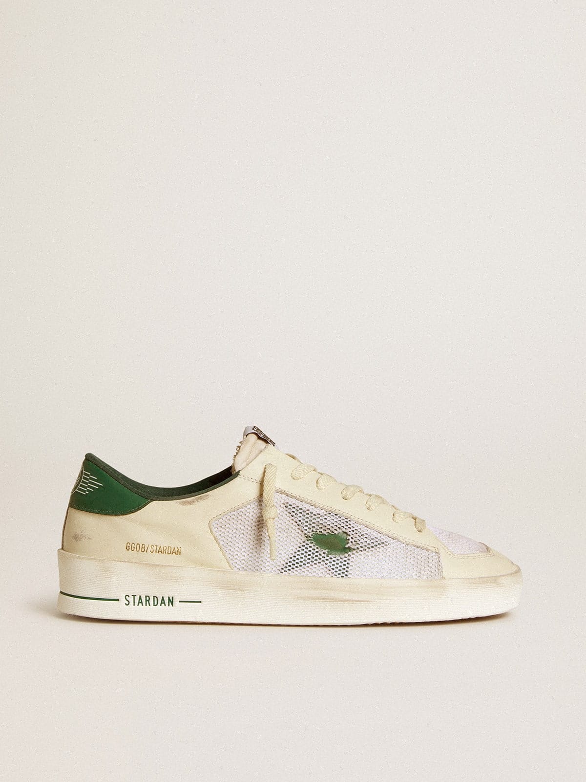 Golden Goose Stardan In White Suede And Mesh With Green Leather Star And Heel Tab Mens