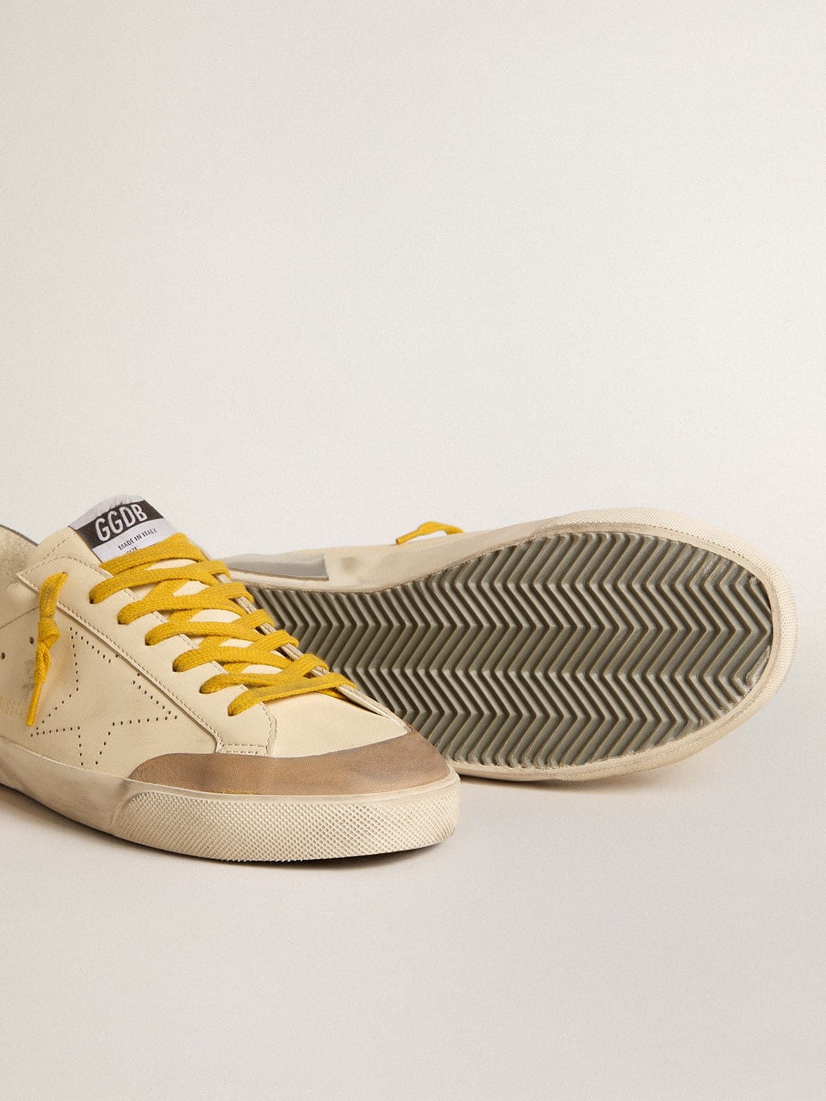 Golden Goose Mens Super-Star In Leather With Perforated Star And Gray Suede Heel Tab Mens